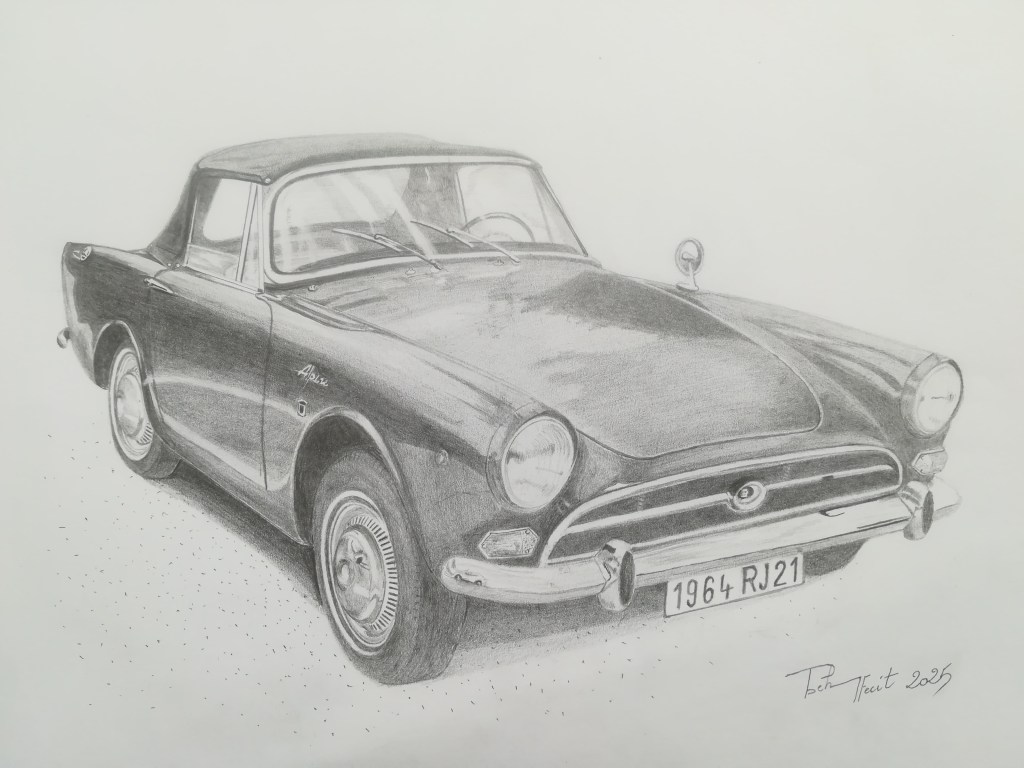 Sunbeam Alpine, mine sur lavis technique, Philippe Béhin-Stroud, 2025.
